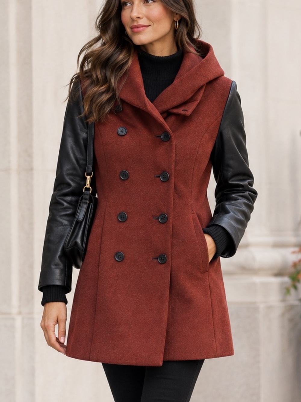 Twik Simons Wool Blend Coat Faux Leather Hooded Double Breasted Rust Black
